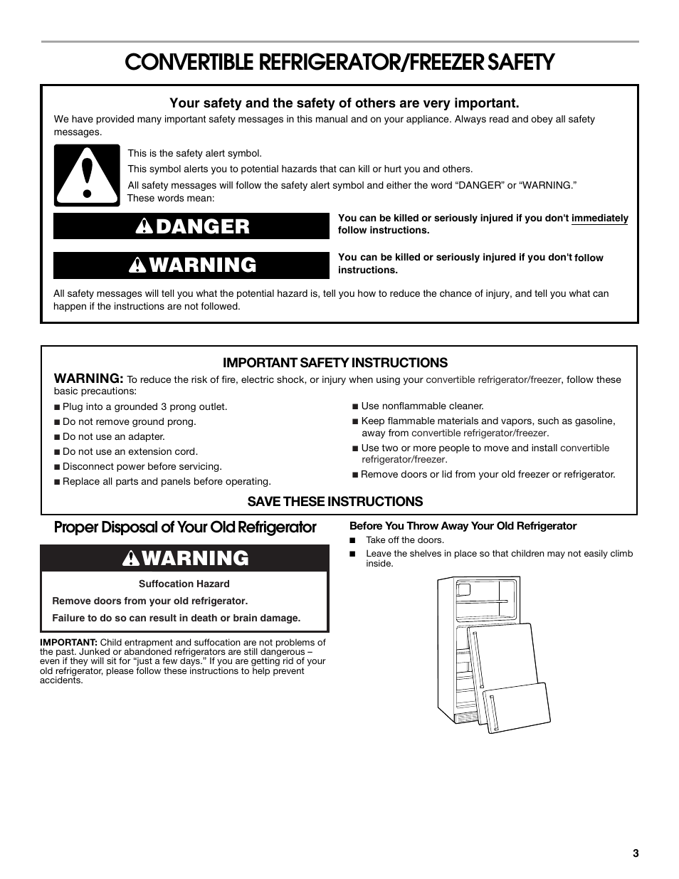 Convertible refrigerator/freezer, Safety, Danger warning | Warning, Proper disposal of your old refrigerator | Whirlpool ator 2314466 User Manual | Page 3 / 48
