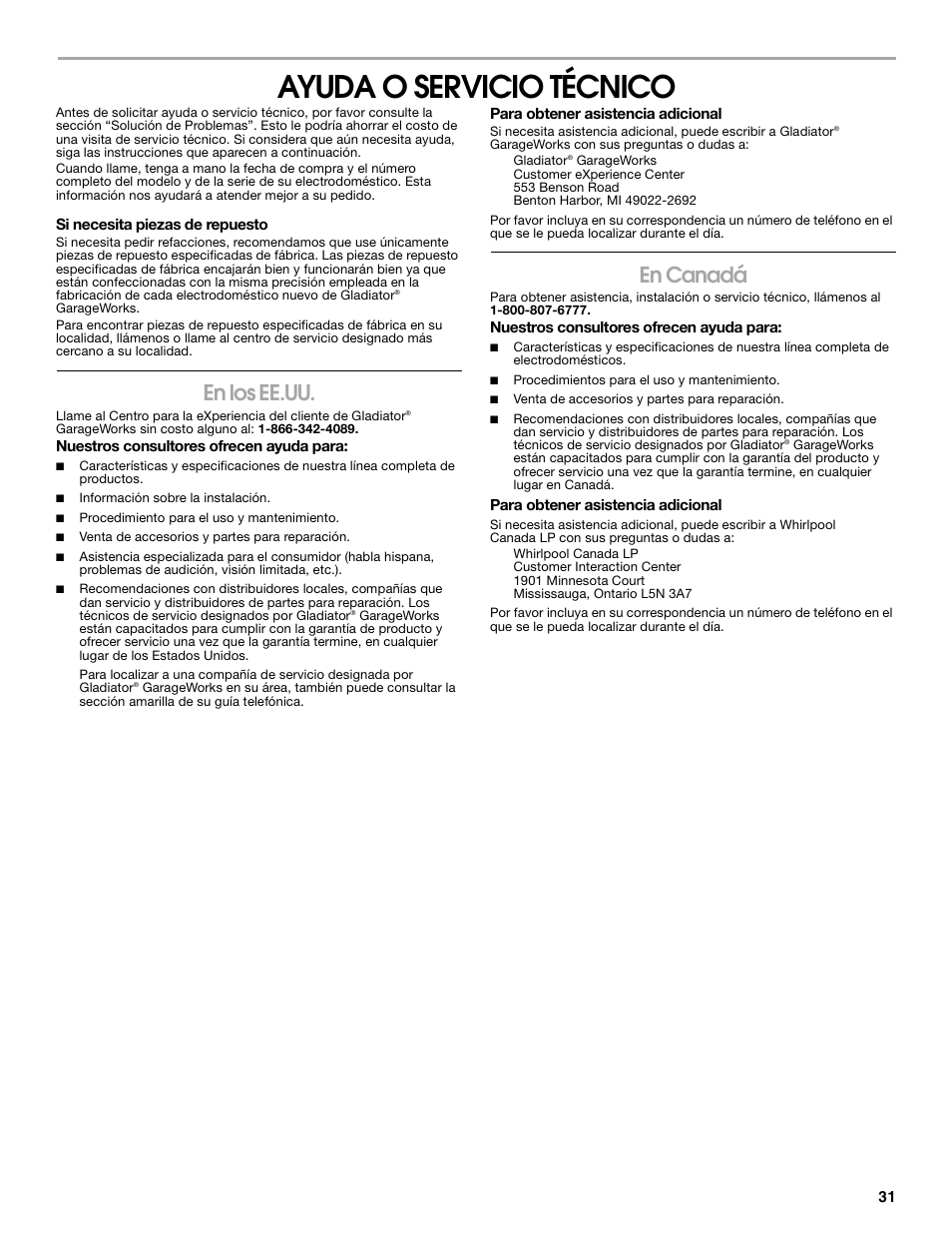 Ayuda o servicio técnico, En los ee.uu, En canadá | Whirlpool ator 2314466 User Manual | Page 31 / 48