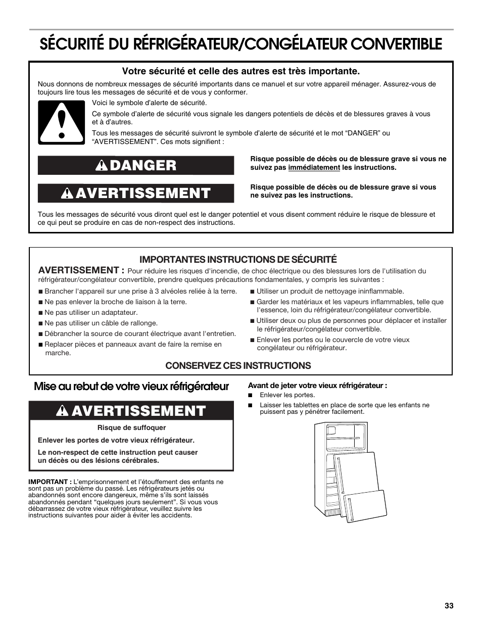 Sécurité du réfrigérateur/congélateur convertible, Avertissement danger, Avertissement | Mise au rebut de votre vieux réfrigérateur | Whirlpool ator 2314466 User Manual | Page 33 / 48