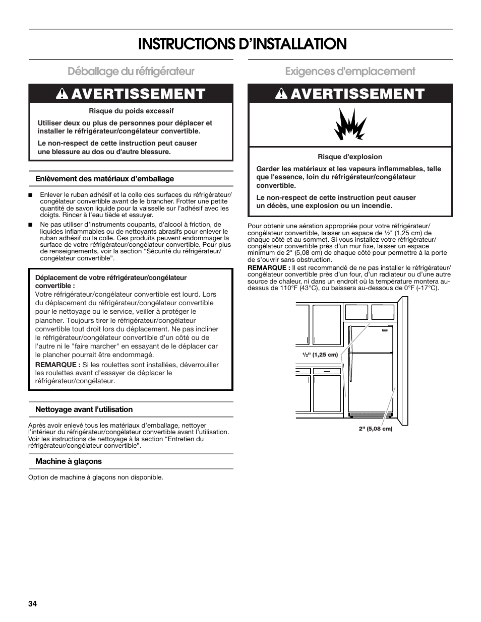 Instructions d’installation, Avertissement, Déballage du réfrigérateur | Exigences d'emplacement | Whirlpool ator 2314466 User Manual | Page 34 / 48