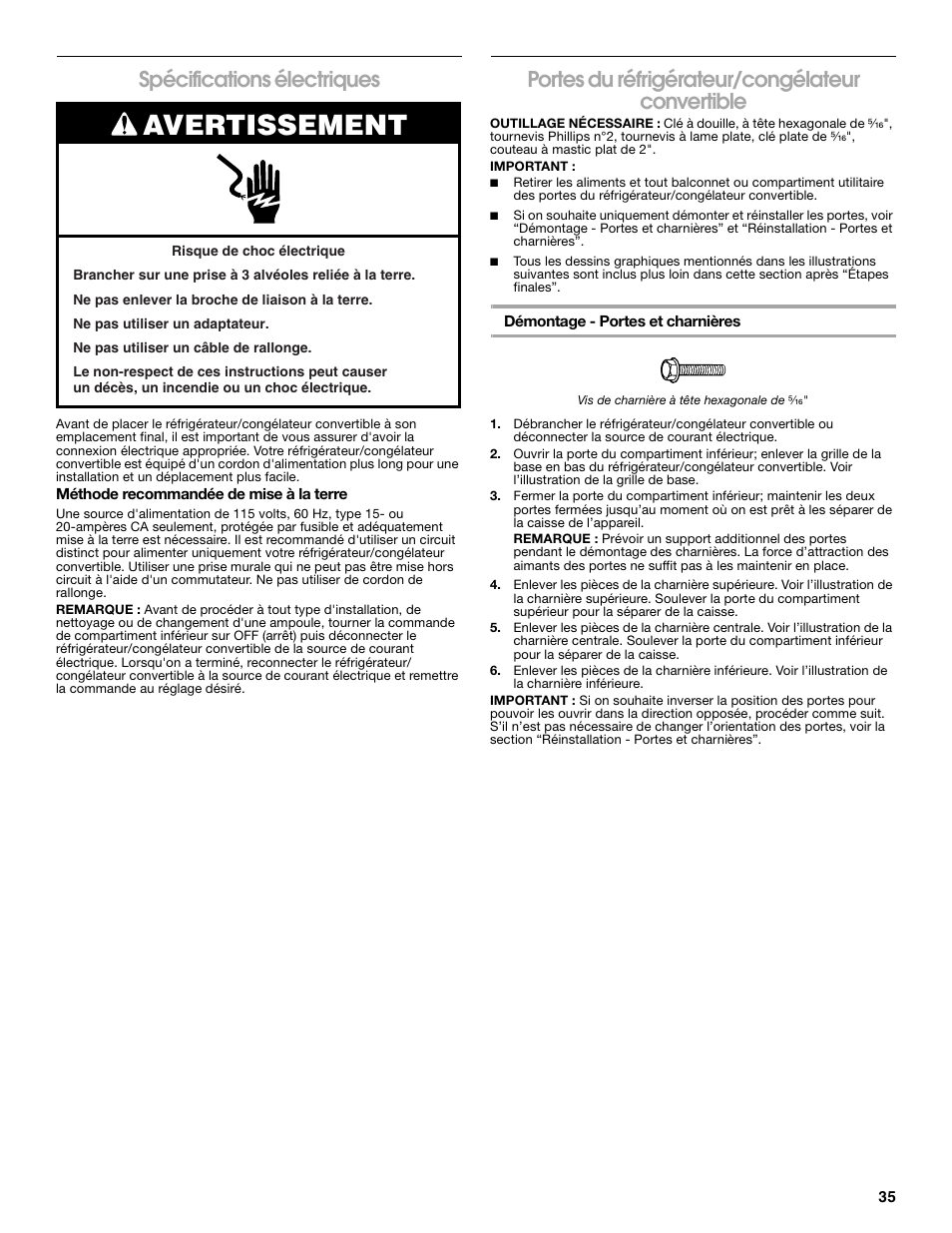 Avertissement, Spécifications électriques, Portes du réfrigérateur/congélateur convertible | Whirlpool ator 2314466 User Manual | Page 35 / 48