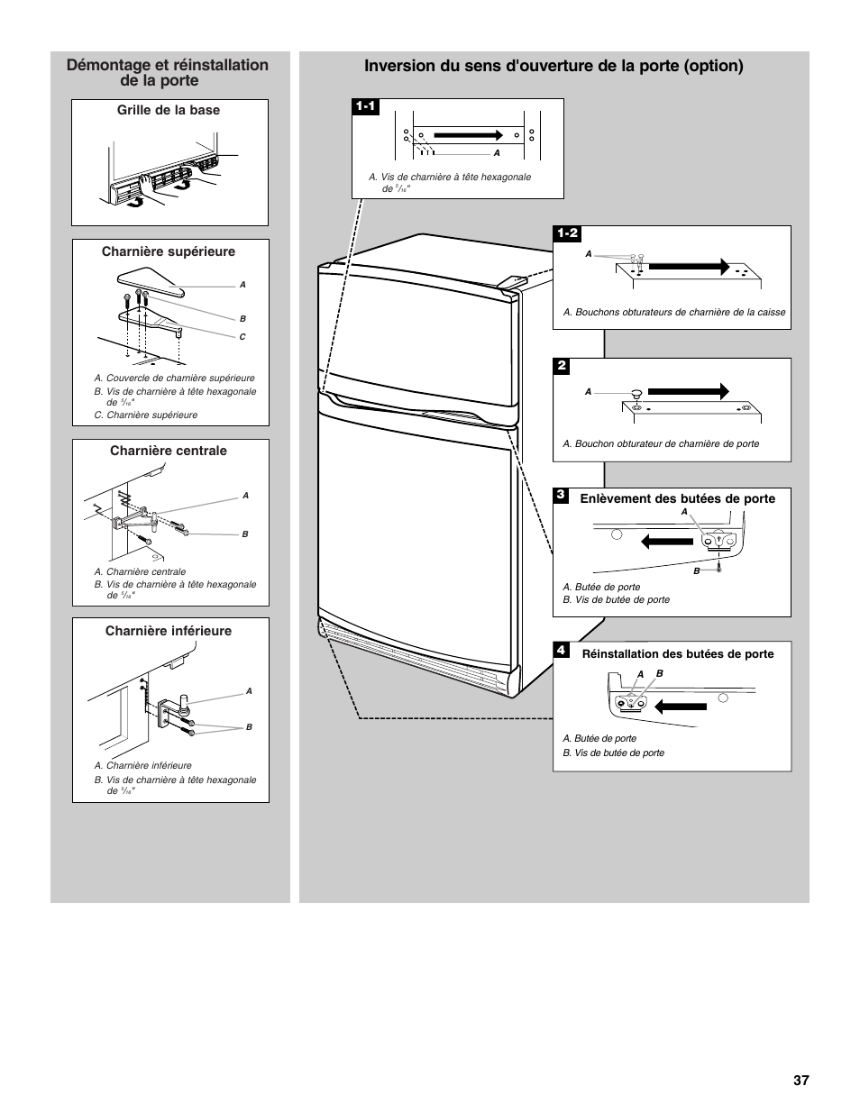 Inversion du sens d'ouverture de la porte (option), Démontage et réinstallation de la porte | Whirlpool ator 2314466 User Manual | Page 37 / 48