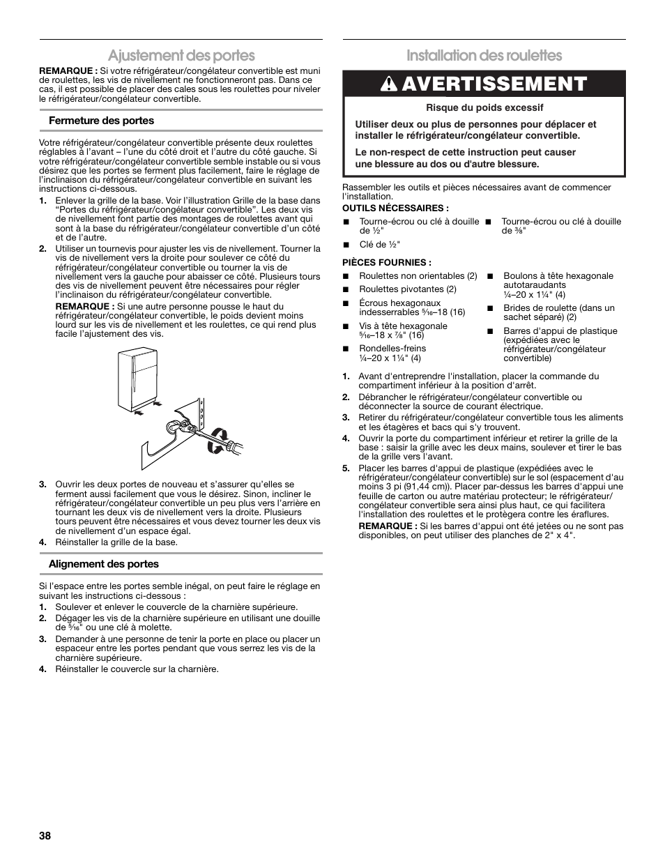 Avertissement, Ajustement des portes, Installation des roulettes | Whirlpool ator 2314466 User Manual | Page 38 / 48