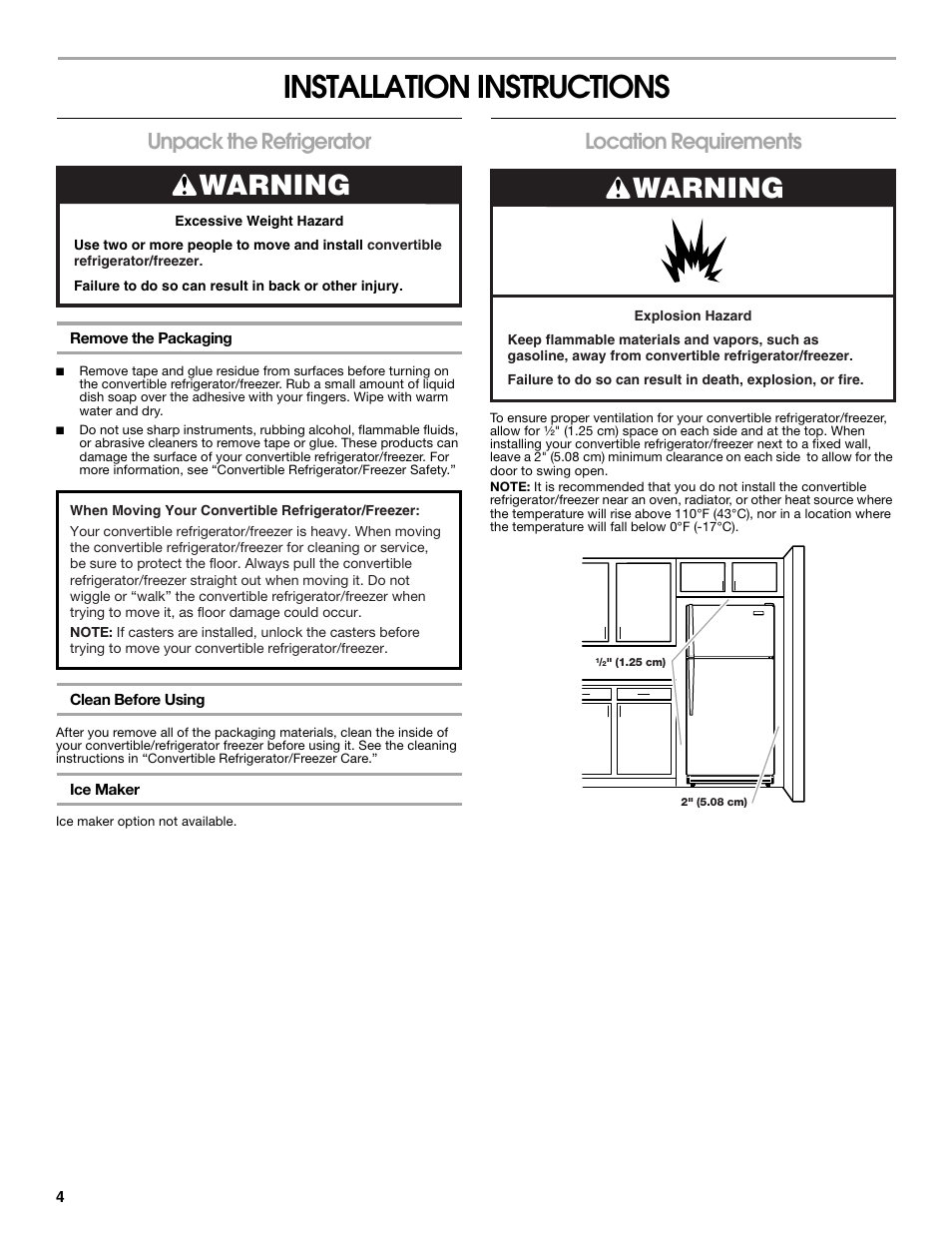 Installation instructions, Warning, Unpack the refrigerator | Location requirements | Whirlpool ator 2314466 User Manual | Page 4 / 48