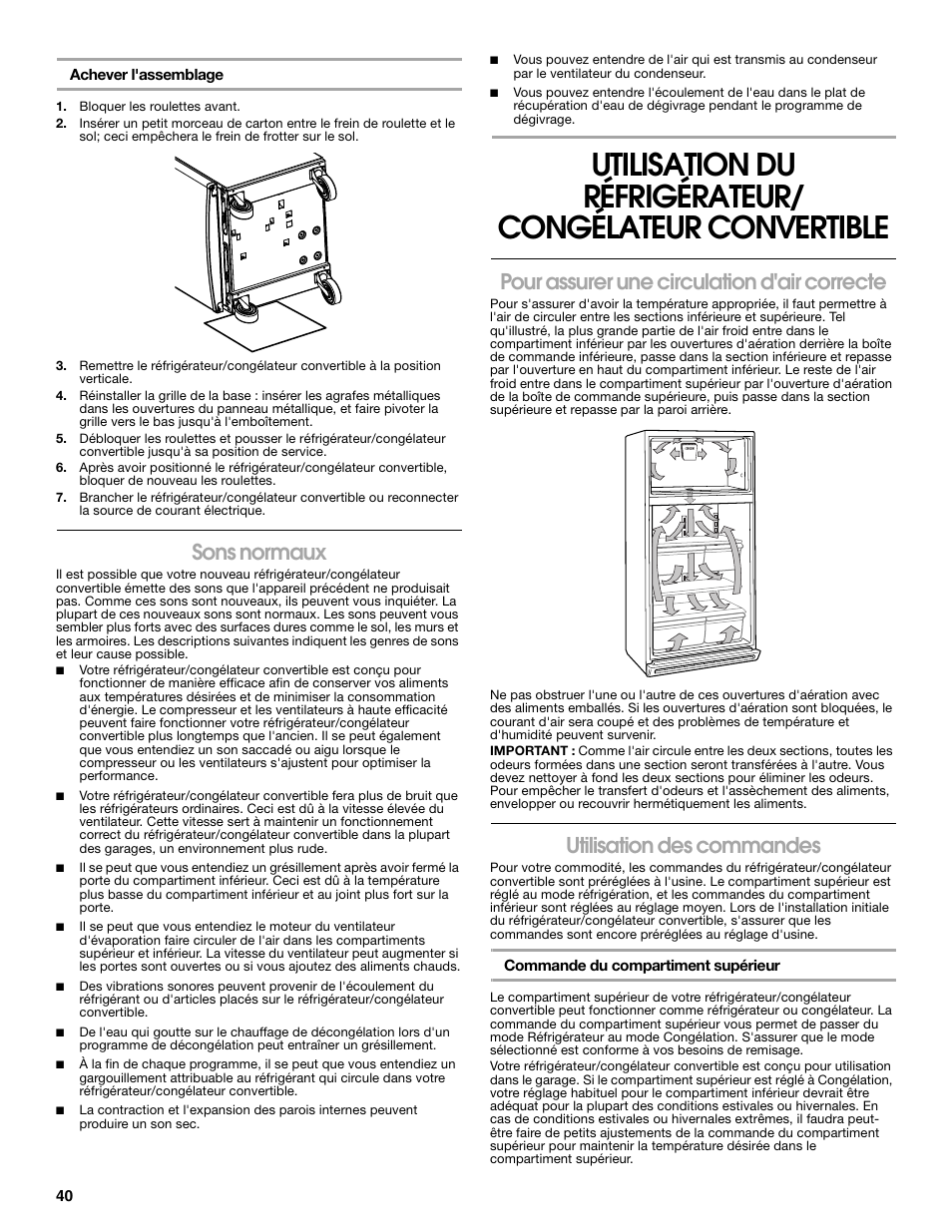 Sons normaux, Pour assurer une circulation d'air correcte, Utilisation des commandes | Whirlpool ator 2314466 User Manual | Page 40 / 48