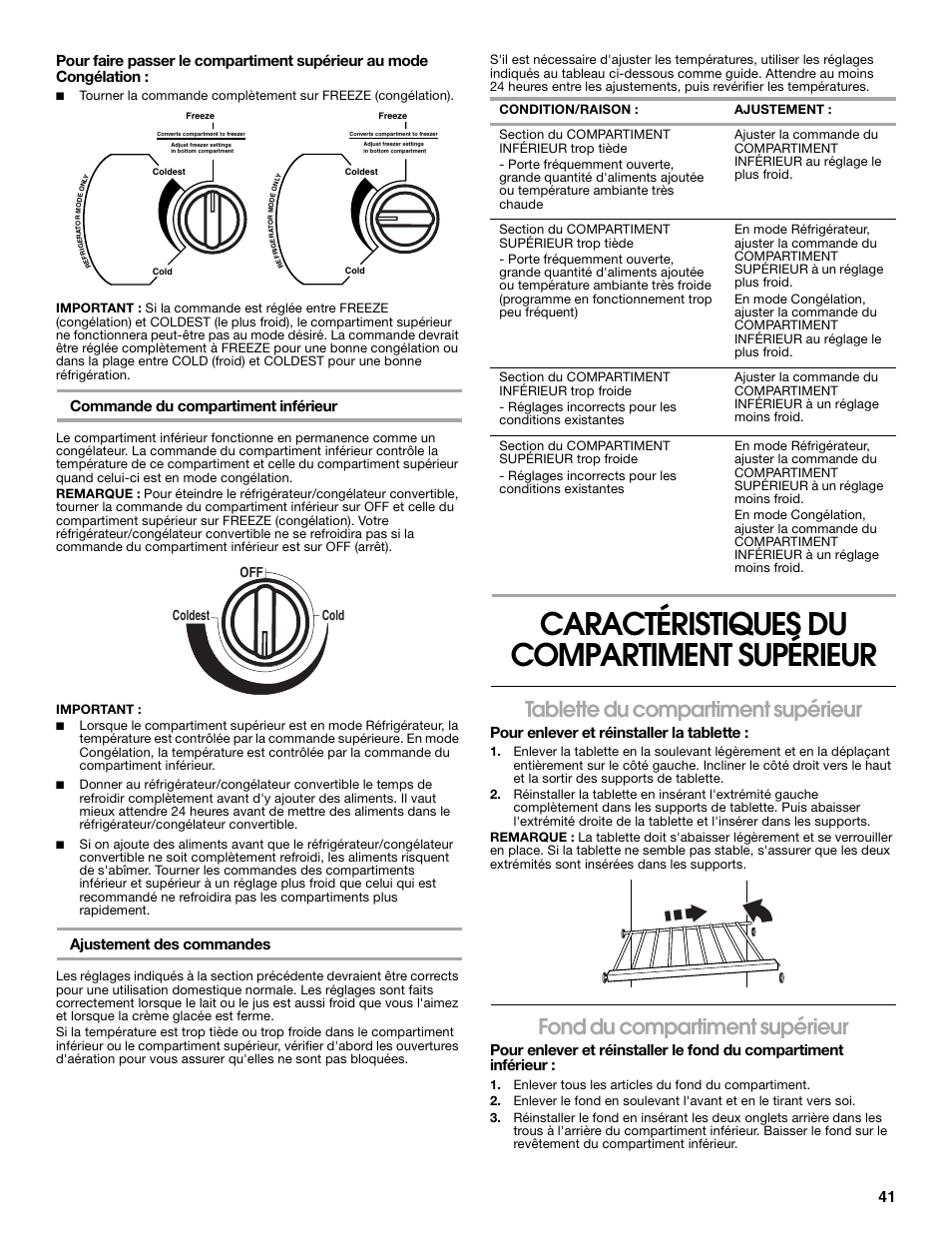 Caractéristiques du compartiment supérieur, Tablette du compartiment supérieur, Fond du compartiment supérieur | Commande du compartiment inférieur, Ajustement des commandes, Pour enlever et réinstaller la tablette, Off cold coldest | Whirlpool ator 2314466 User Manual | Page 41 / 48