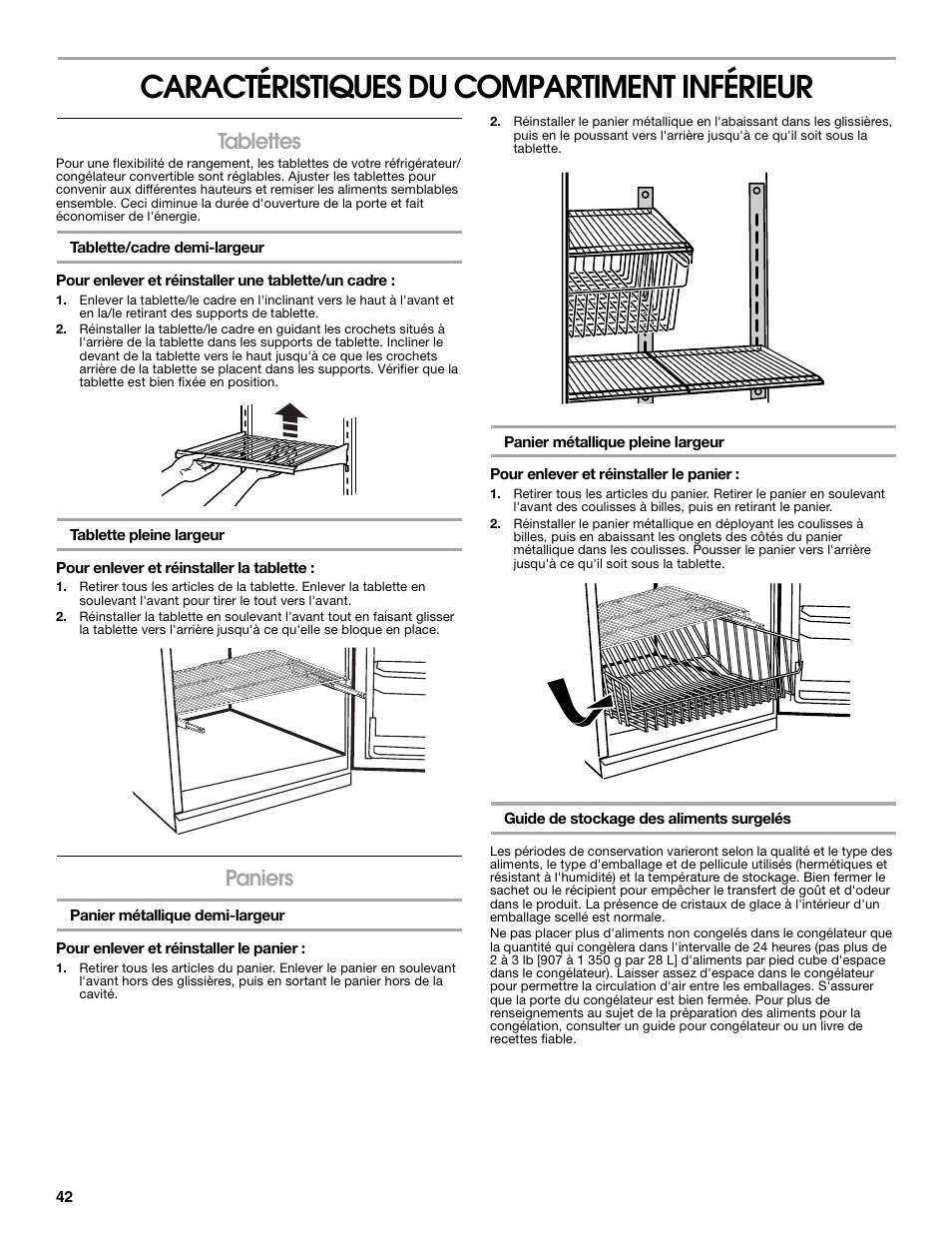 Caractéristiques du compartiment inférieur, Tablettes, Paniers | Whirlpool ator 2314466 User Manual | Page 42 / 48