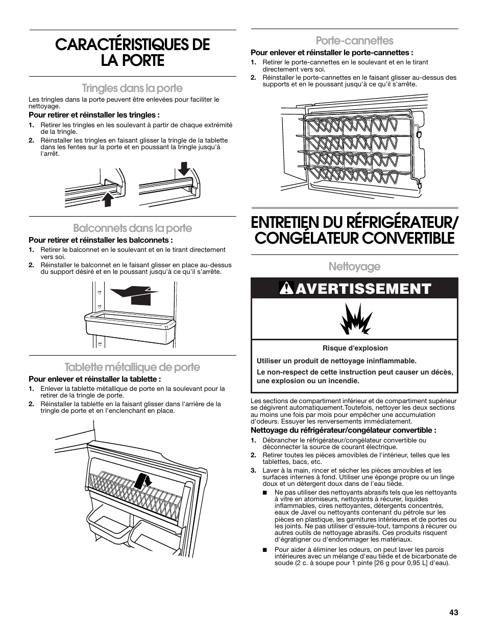 Caractéristiques de la porte, Avertissement, Tringles dans la porte | Balconnets dans la porte, Tablette métallique de porte, Porte-cannettes, Nettoyage | Whirlpool ator 2314466 User Manual | Page 43 / 48