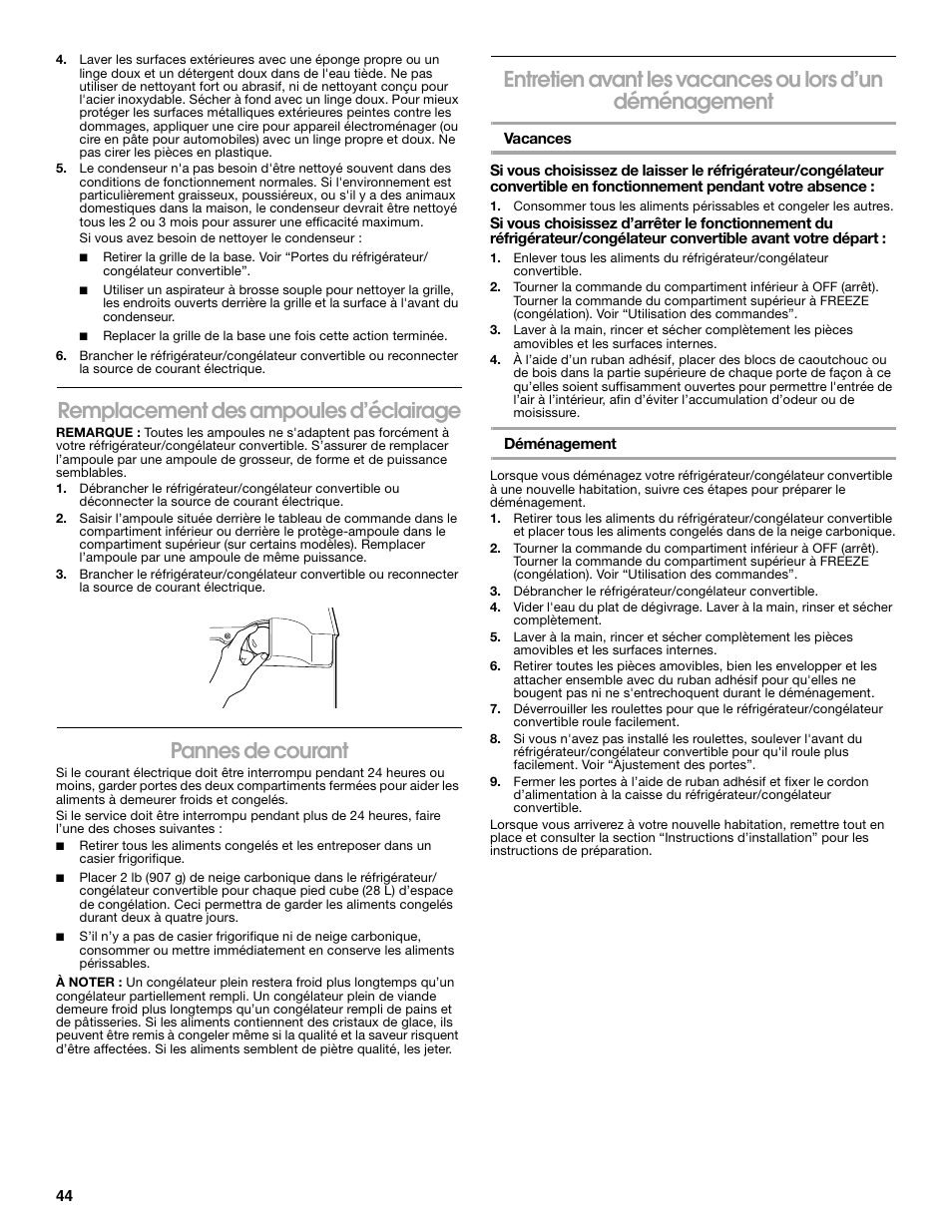 Remplacement des ampoules d’éclairage, Pannes de courant | Whirlpool ator 2314466 User Manual | Page 44 / 48