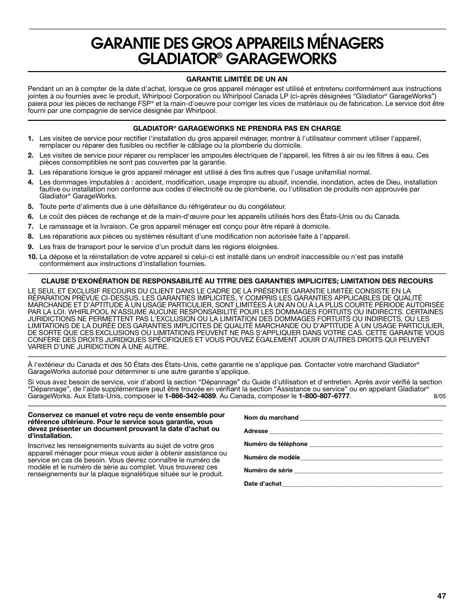 Garantie des gros appareils ménagers gladiator, Garageworks | Whirlpool ator 2314466 User Manual | Page 47 / 48