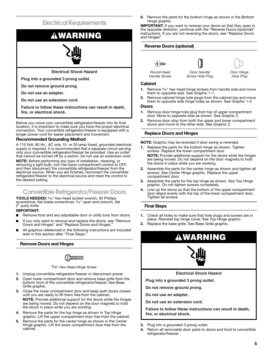 Warning, Electrical requirements, Convertible refrigerator/freezer doors | Whirlpool ator 2314466 User Manual | Page 5 / 48