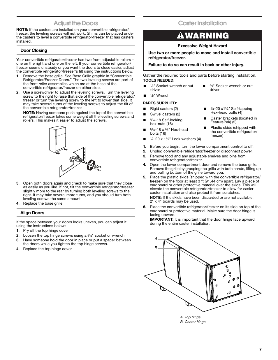 Warning, Adjust the doors, Caster installation | Whirlpool ator 2314466 User Manual | Page 7 / 48