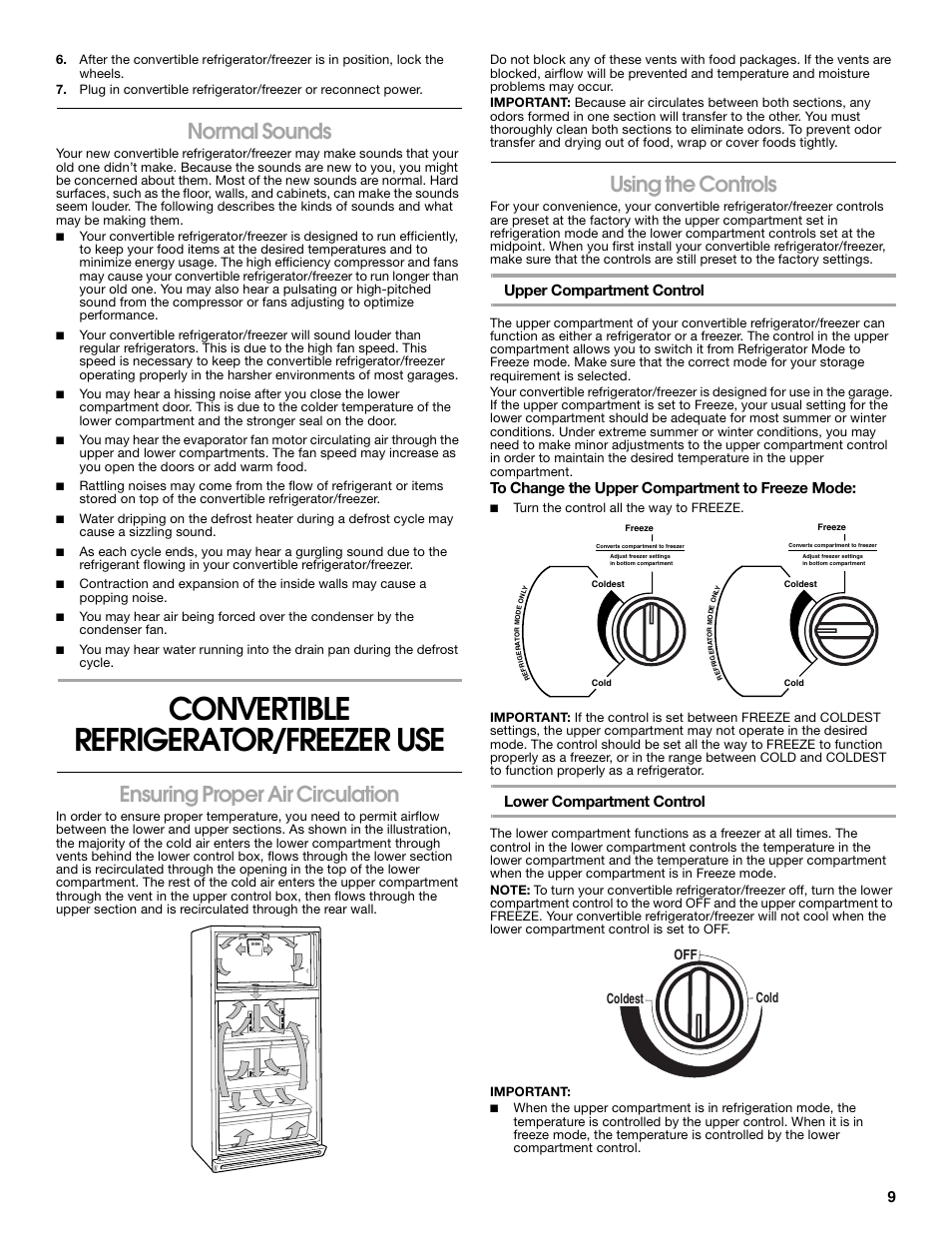 Convertible refrigerator/freezer use, Normal sounds, Ensuring proper air circulation | Using the controls, Upper compartment control, Lower compartment control, Off cold coldest | Whirlpool ator 2314466 User Manual | Page 9 / 48