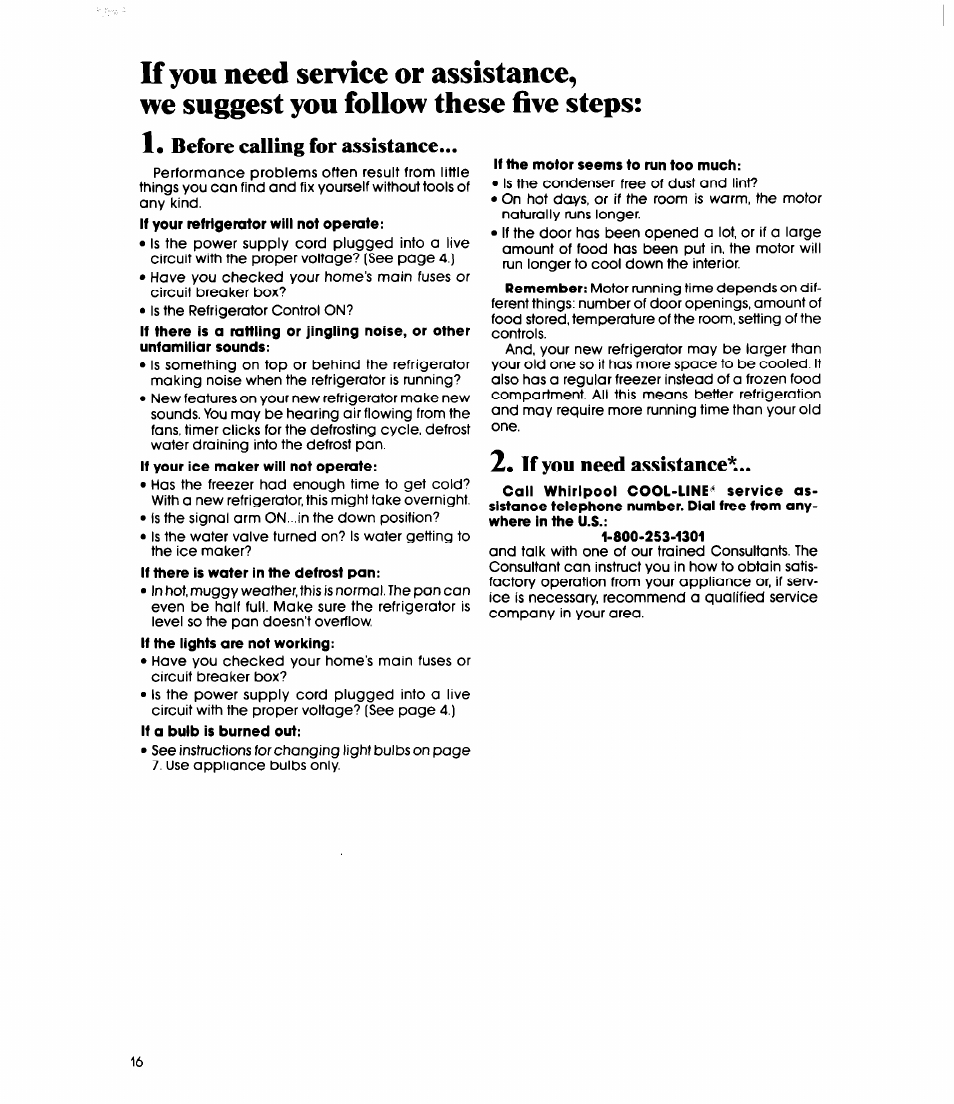 K you need assistance, Before calling for assistance | Whirlpool ET22DK User Manual | Page 16 / 20