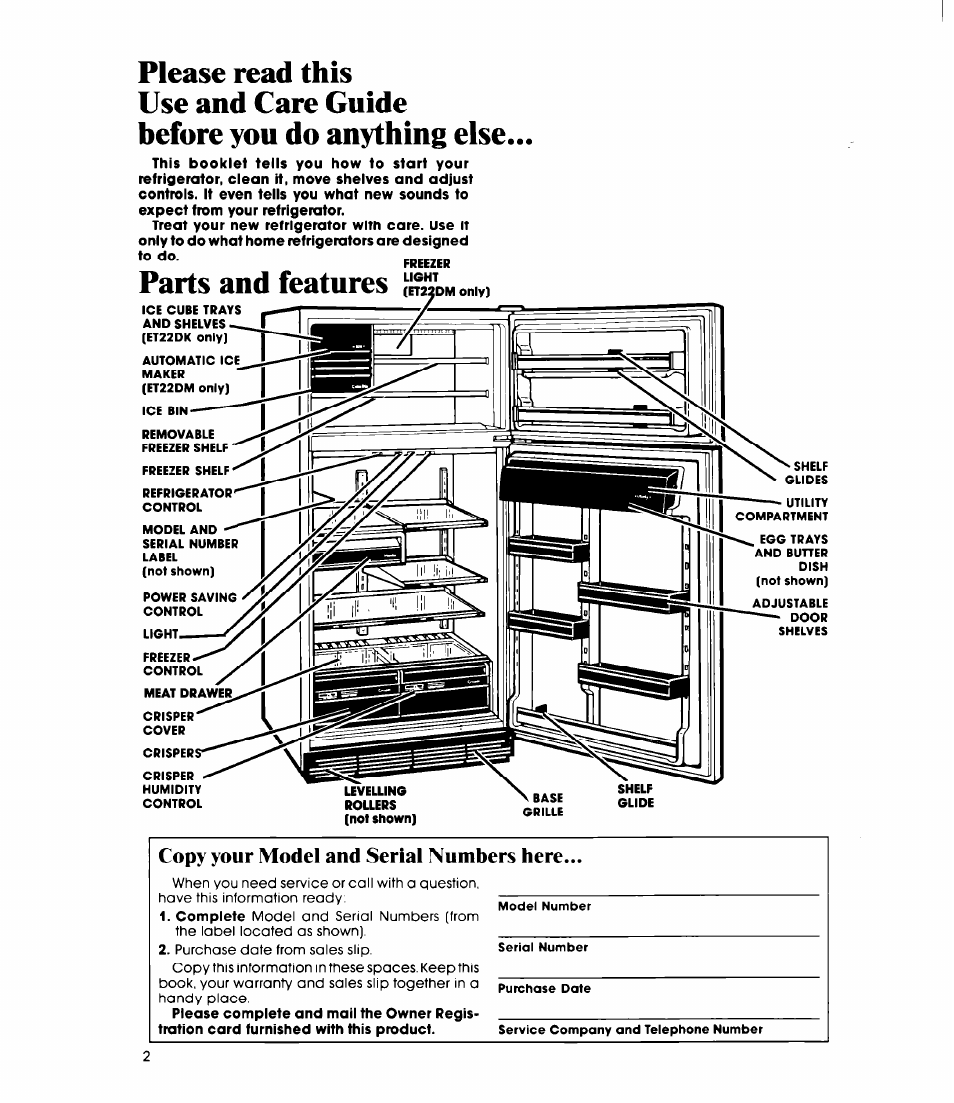 Please read this, Use and care guide, Before you do anything else | Parts and features fet22c, Copy your model and serial numbers here, Parts and features | Whirlpool ET22DK User Manual | Page 2 / 20