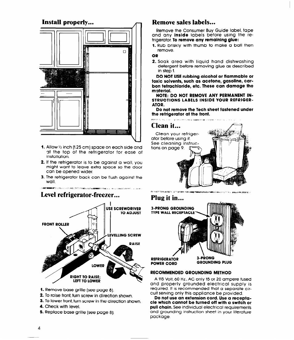 Level refrigerator-freezer, Remove sales labels, Clean it | Plug it in, Recommended grounding method, Level refrigerator-freezer remove sales labels, Install properly | Whirlpool ET22DK User Manual | Page 4 / 20