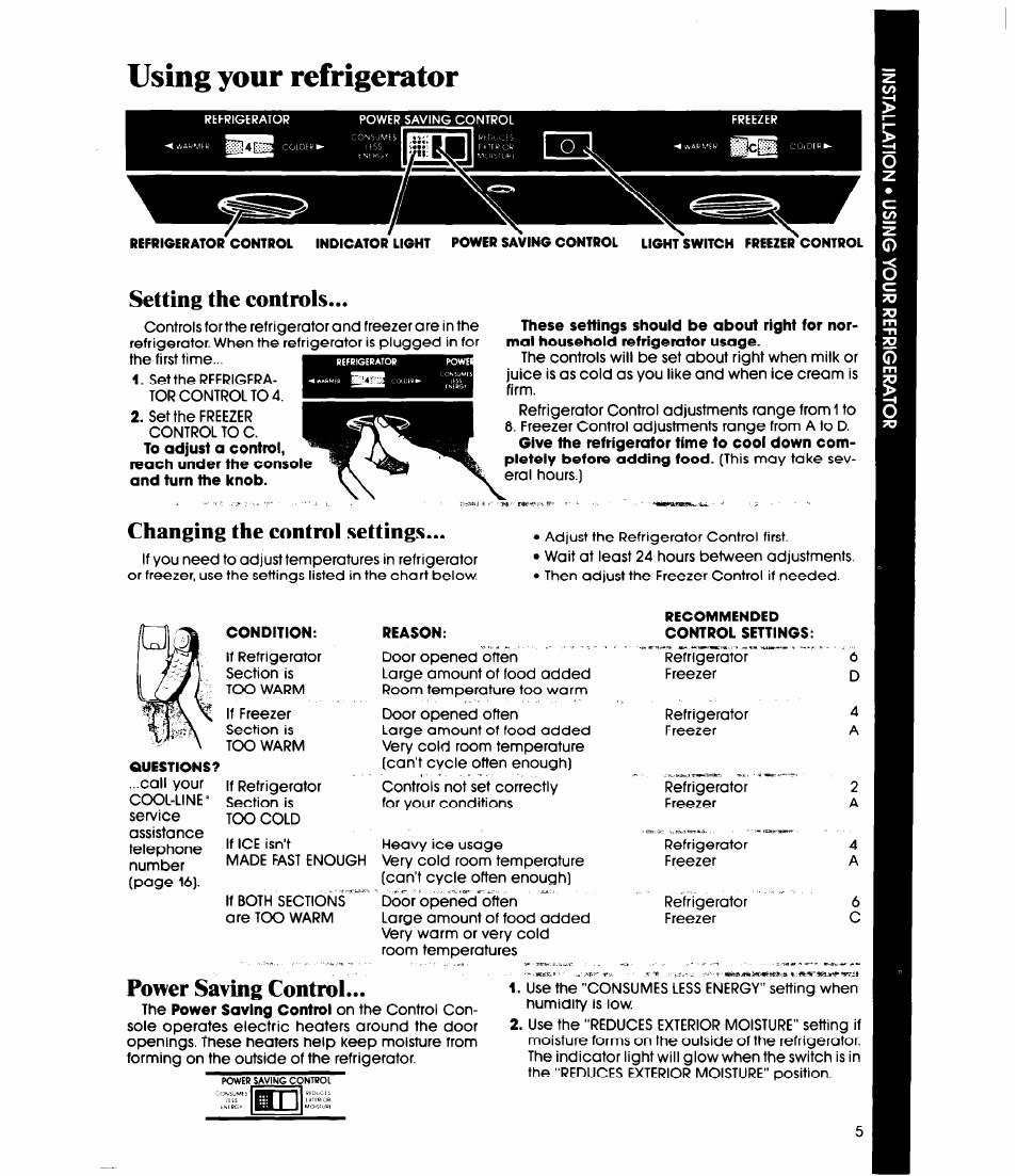 Using your refrigerator, Setting the controls, Changing the control settings | Reason, Power saving control, Recommended control settings | Whirlpool ET22DK User Manual | Page 5 / 20