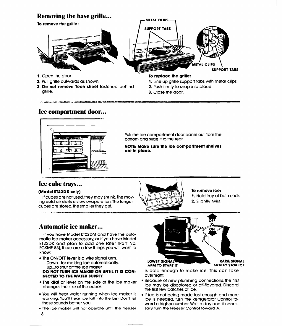 Removing the base grille, To replace the grille, Ice compartment door | Ice cube trays, Automatic ice maker | Whirlpool ET22DK User Manual | Page 8 / 20