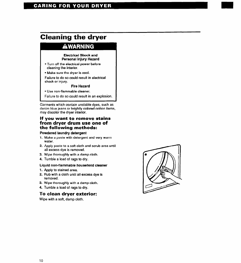 Cleaning the dryer, Awarning, Electrical shock and personal injury hazard | Cleaning the dryer awarning | Whirlpool EL2020W User Manual | Page 10 / 20