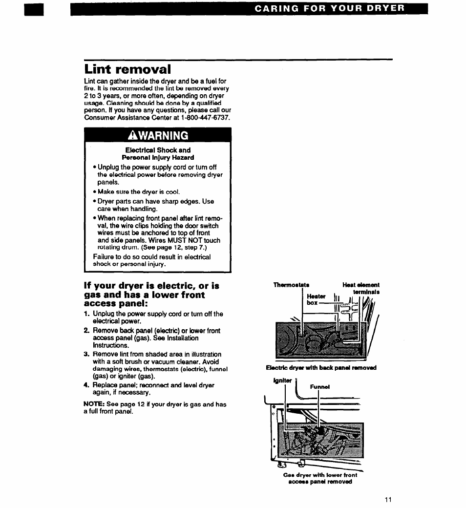 Electrical shock and personal injury hazard, Lint removal, Àwarning | Whirlpool EL2020W User Manual | Page 11 / 20