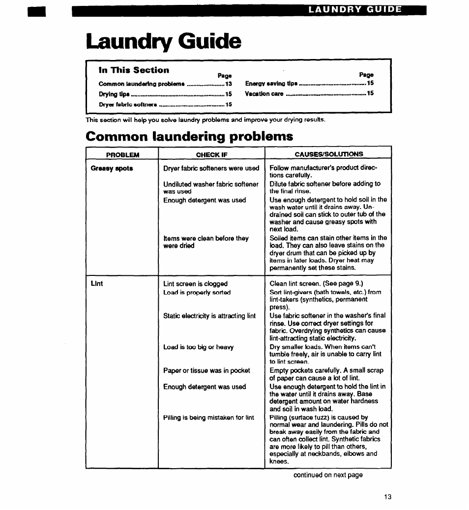 Laundry guide, Common laundering problems | Whirlpool EL2020W User Manual | Page 13 / 20