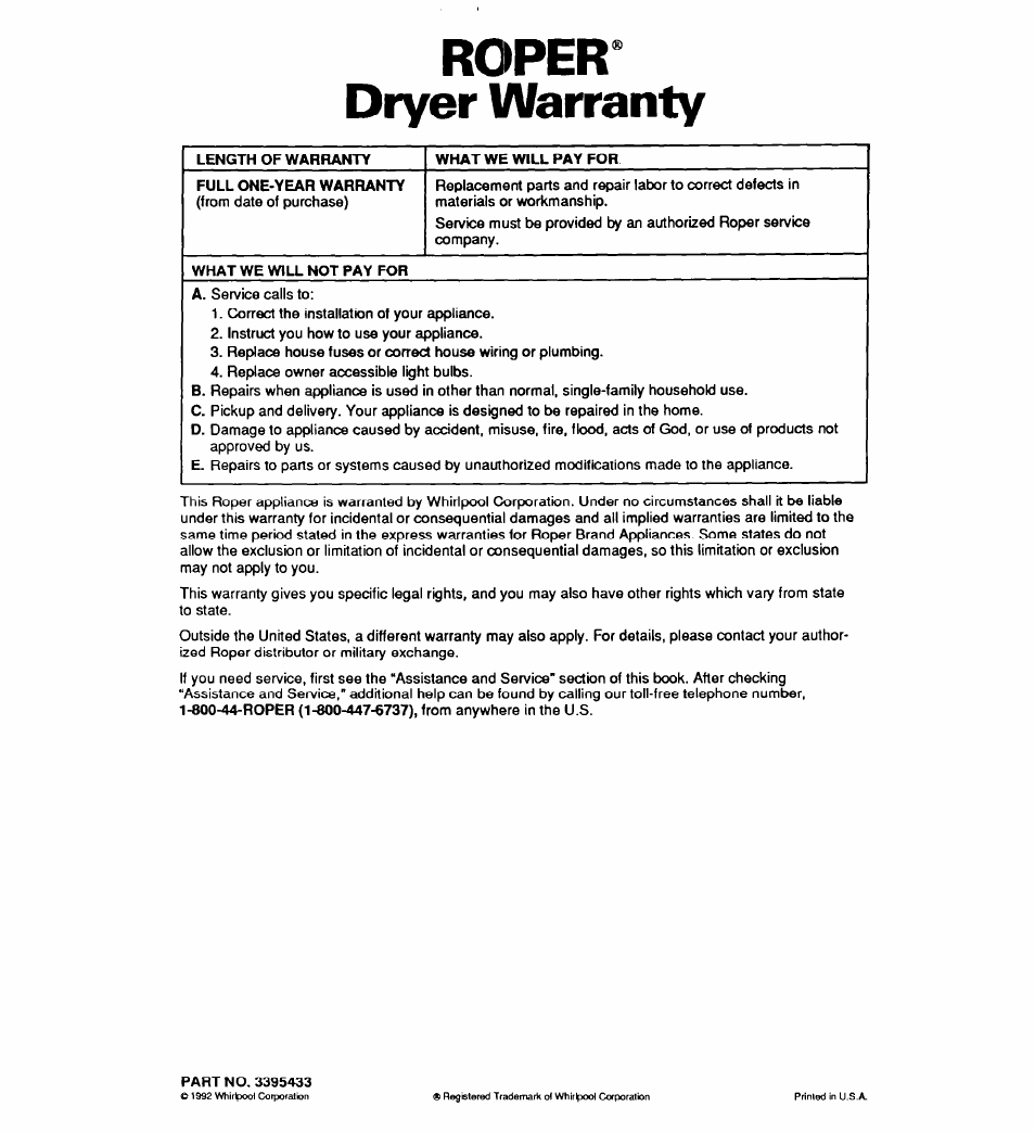 Roper^ dryer warranty | Whirlpool EL2020W User Manual | Page 20 / 20