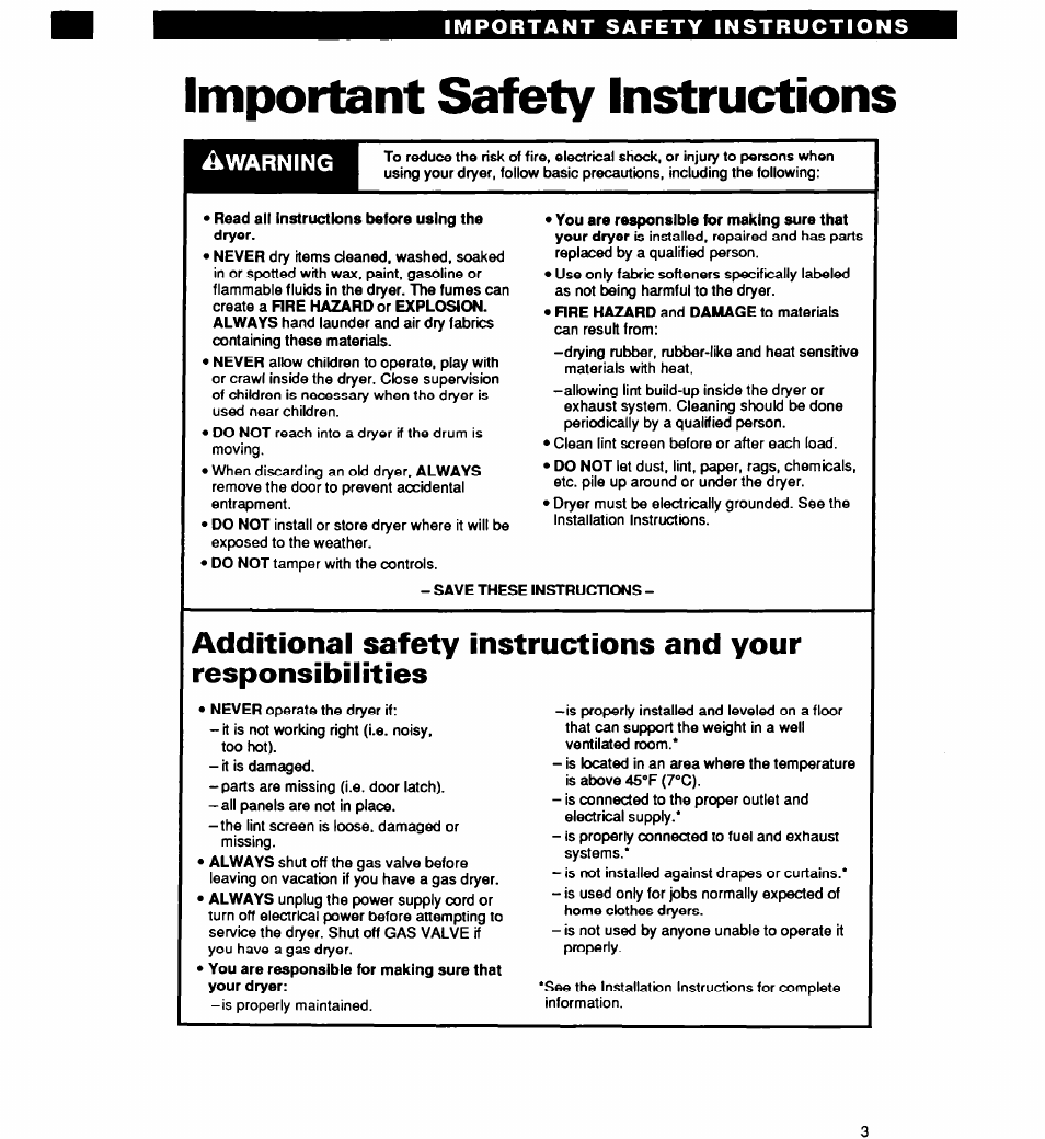 Important safety instructions, Warning | Whirlpool EL2020W User Manual | Page 3 / 20