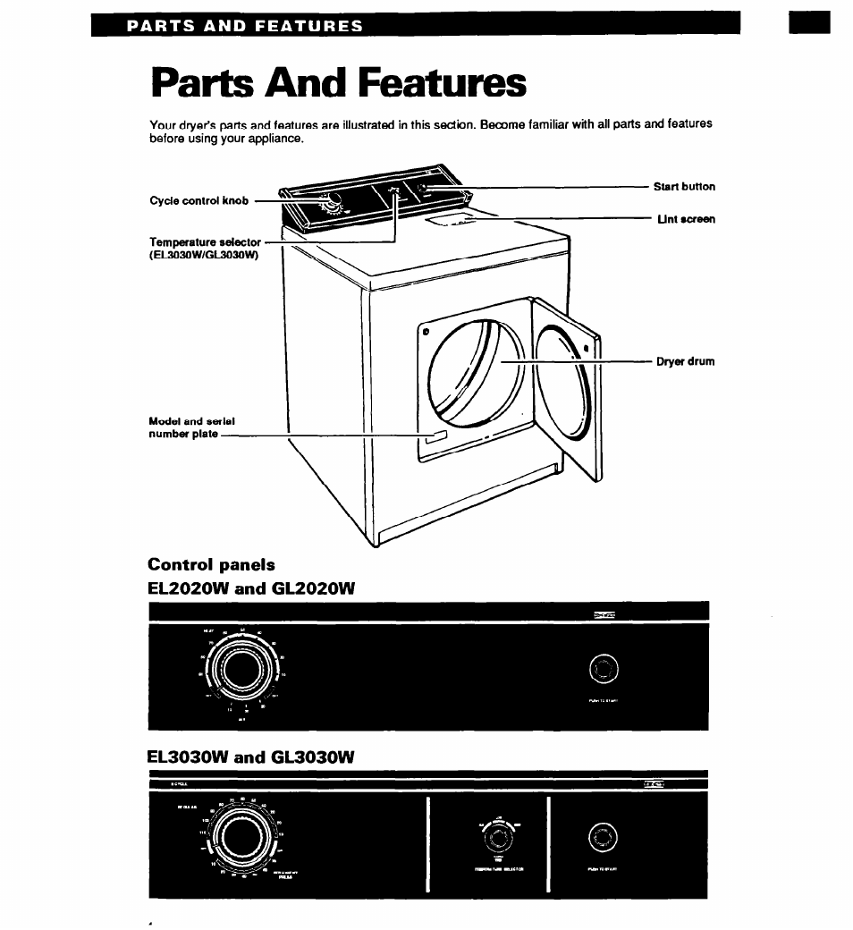 Parts and features | Whirlpool EL2020W User Manual | Page 4 / 20