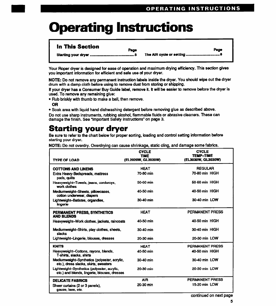 Operating instructions, Starting your dryer | Whirlpool EL2020W User Manual | Page 5 / 20