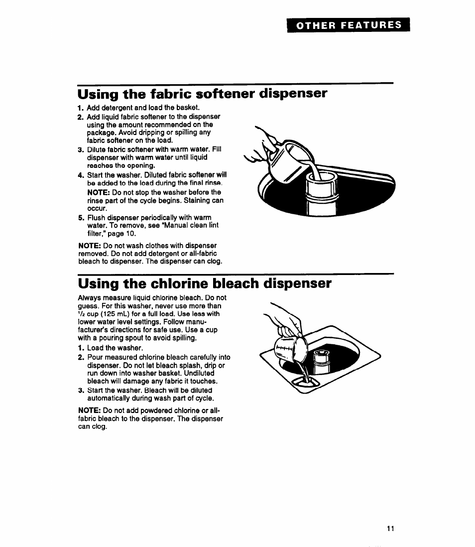 Using the fabric softener dispenser, Using the chlorine bleach dispenser | Whirlpool RAP5244A User Manual | Page 11 / 24