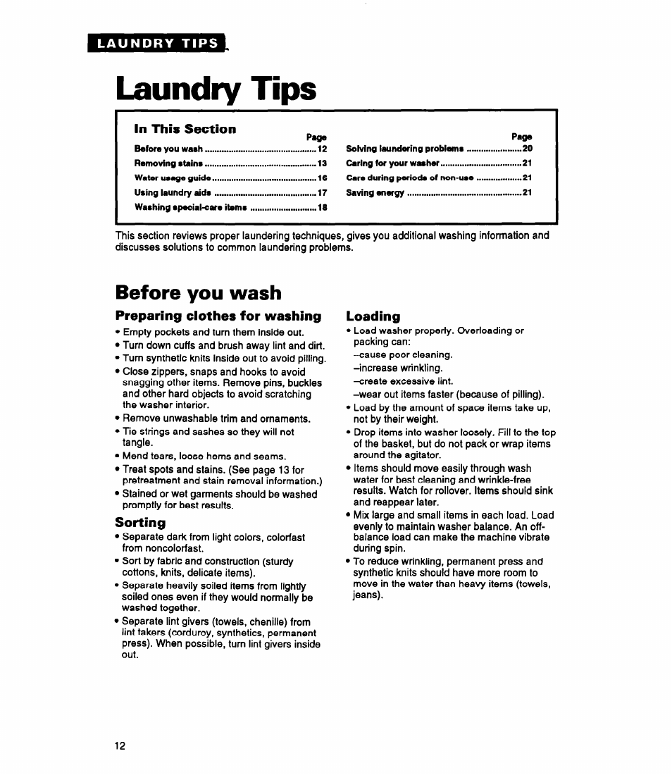Laundry tips, Before you wash, Preparing clothes for washing | Sorting, Loading | Whirlpool RAP5244A User Manual | Page 12 / 24