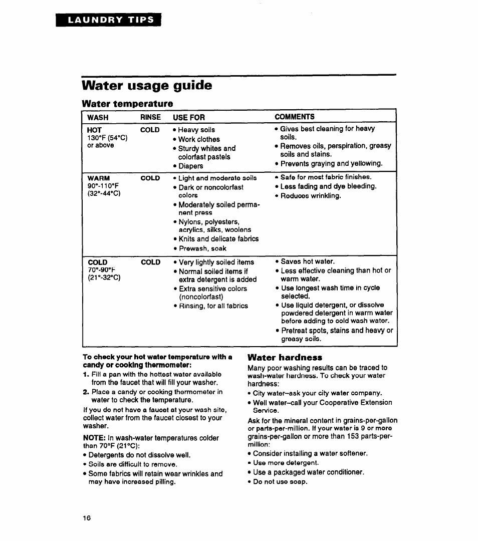 Water hardness, Water usage guide, Water temperature | Whirlpool RAP5244A User Manual | Page 16 / 24