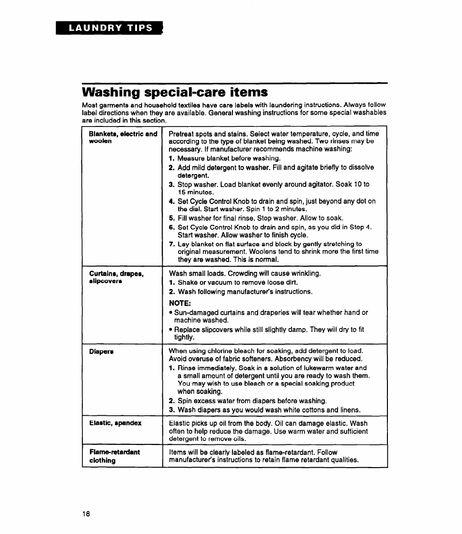 Washing special-care items, Blankets, electric and woolen, Curtains, drapes, slipcovers | Note, Diapers, Elastic, spandex, Flan№-retardant clothing | Whirlpool RAP5244A User Manual | Page 18 / 24