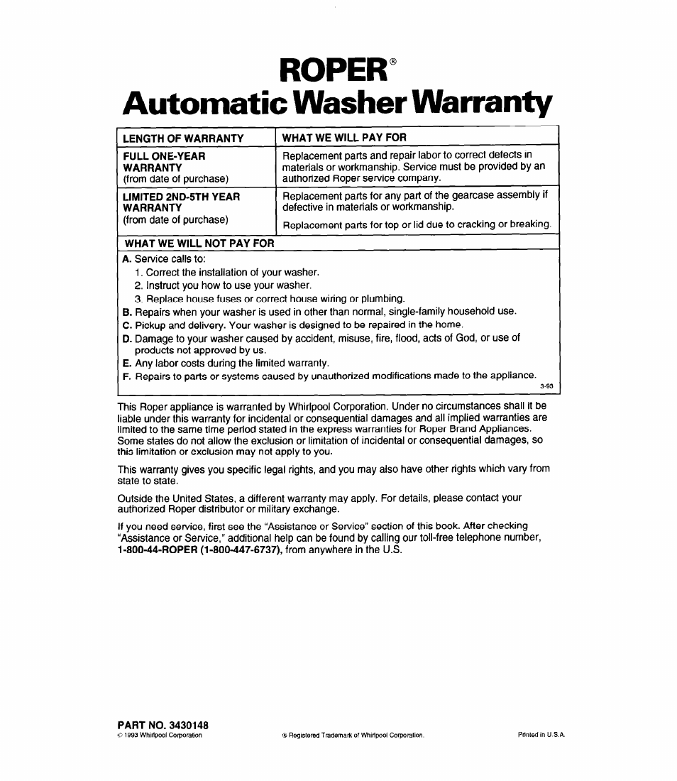 Roper, Automatic washer warranty, Part no. 3430148 | Roper^ automatic washer warranty | Whirlpool RAP5244A User Manual | Page 24 / 24