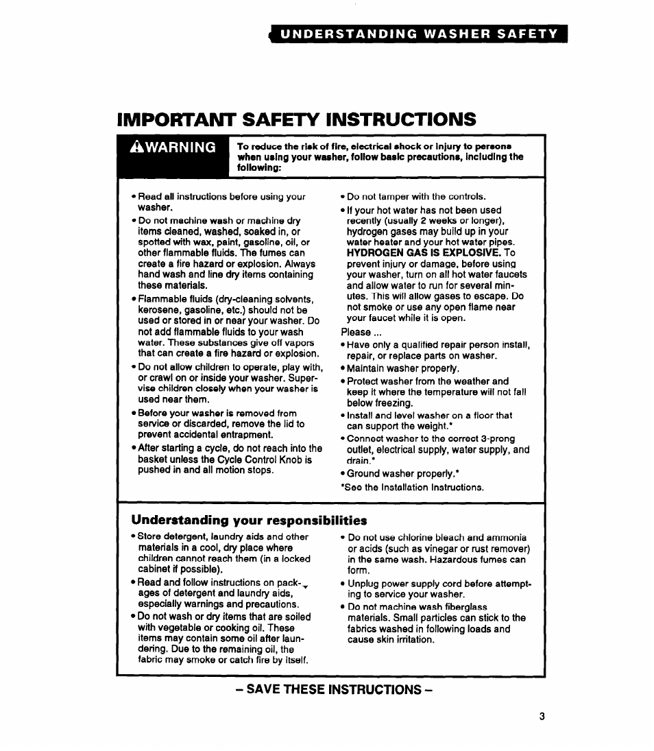 Important safety instructions, Understanding your responsibilities, Save these instructions | Whirlpool RAP5244A User Manual | Page 3 / 24