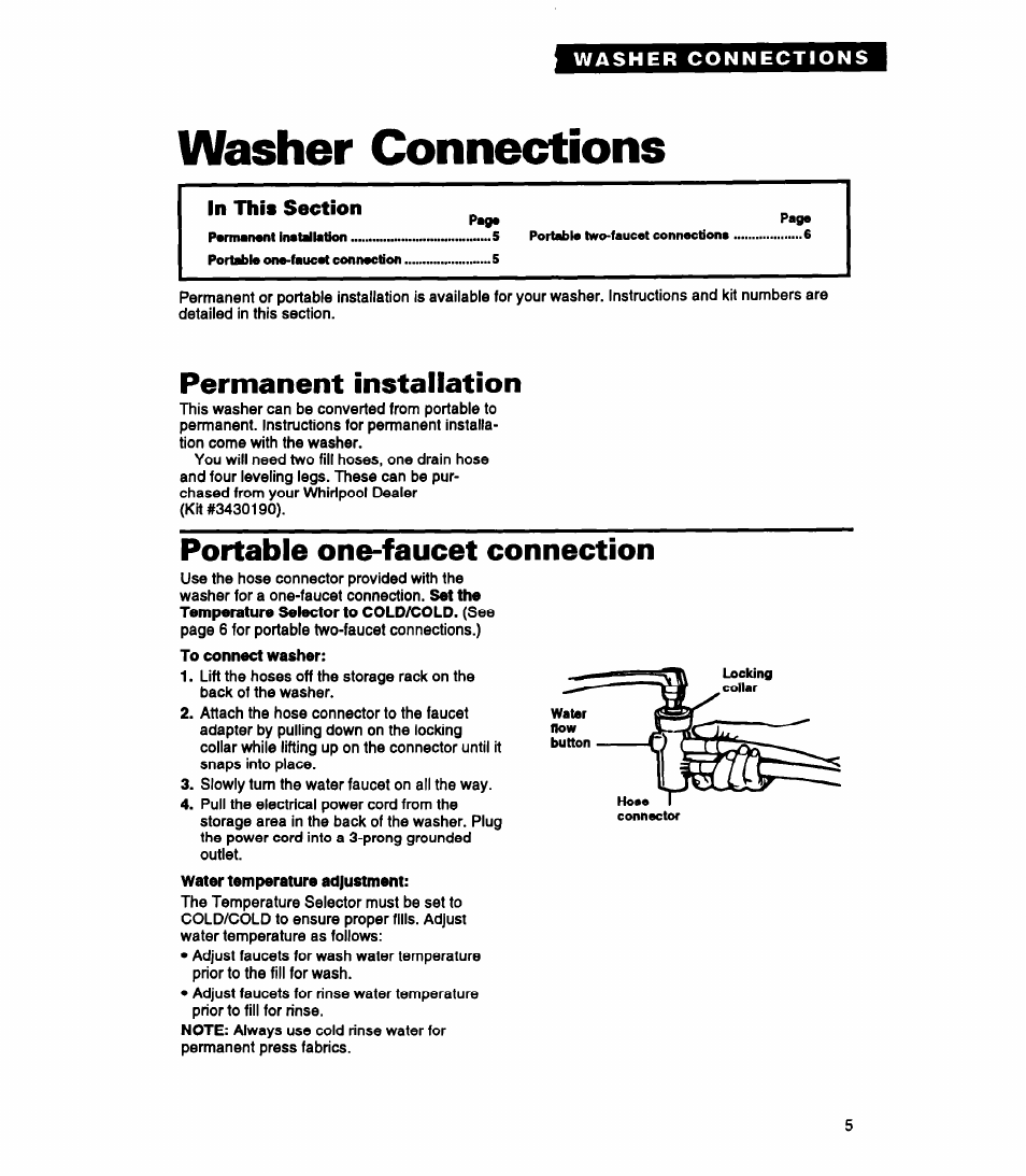 Washer connections, Permanent installation, Portable one-faucet connection | Whirlpool RAP5244A User Manual | Page 5 / 24