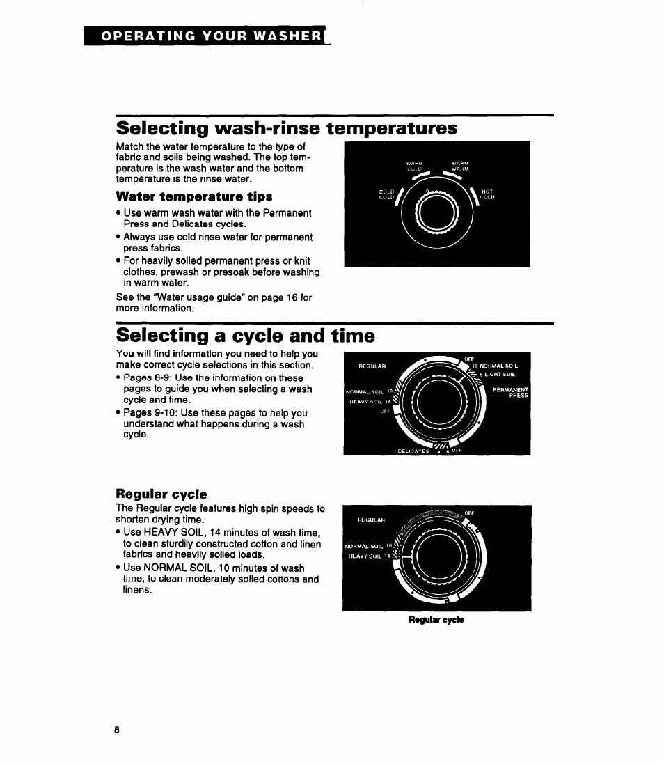 Selecting wash-rinse temperatures, Water temperature tips, Selecting a cycle and time | Regular cycle | Whirlpool RAP5244A User Manual | Page 8 / 24