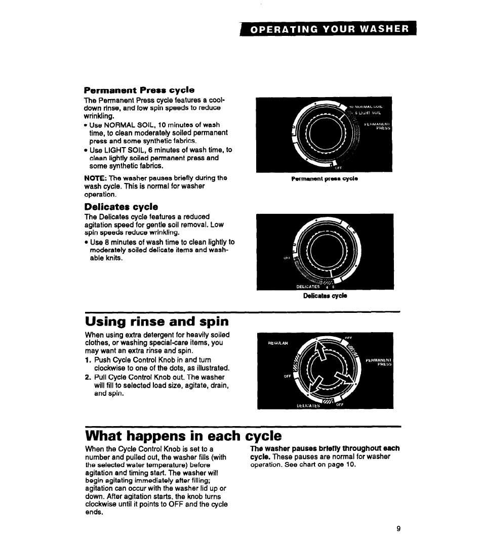 Permanent press cycle, Délicates cycle, Using rinse and spin | What happens in each cycle | Whirlpool RAP5244A User Manual | Page 9 / 24