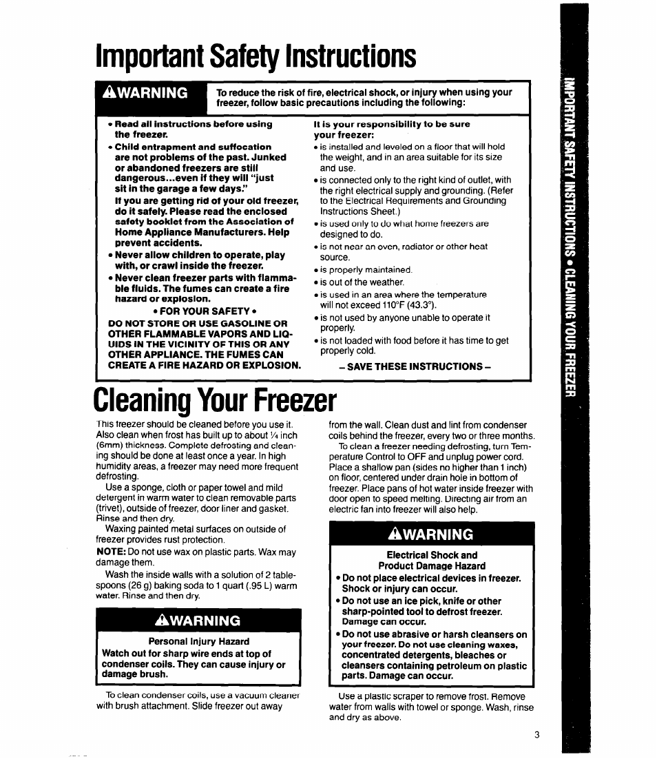 Important safety instructions, Cleaning your freezer, Warning | Whirlpool EVl5OFXW User Manual | Page 3 / 8