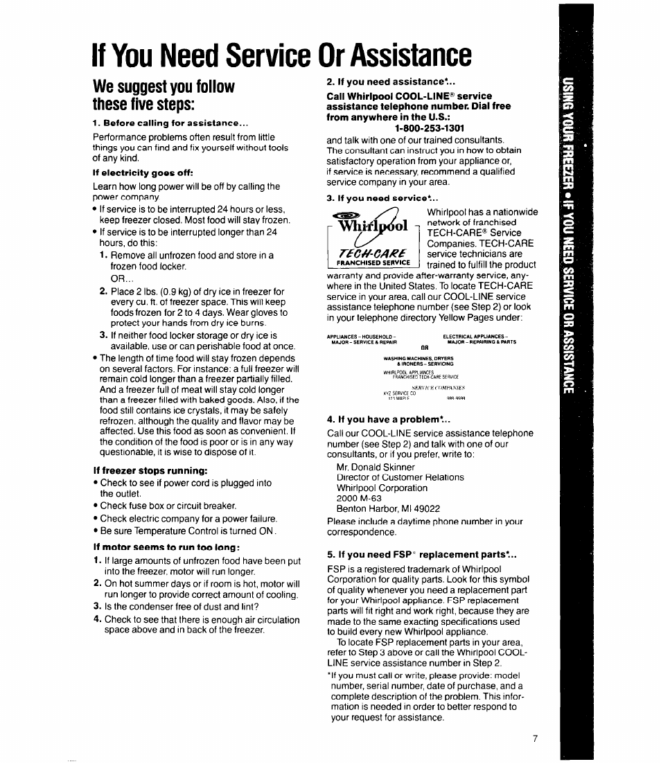 If you need service or assistance, We suggest you follow these five steps | Whirlpool EVl5OFXW User Manual | Page 7 / 8