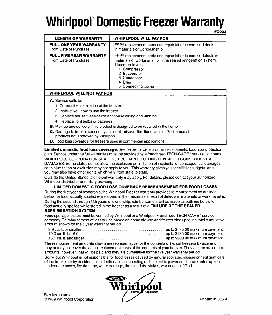 Whirlpool domestic freezer warranty, Whiflimwl | Whirlpool EVl5OFXW User Manual | Page 8 / 8