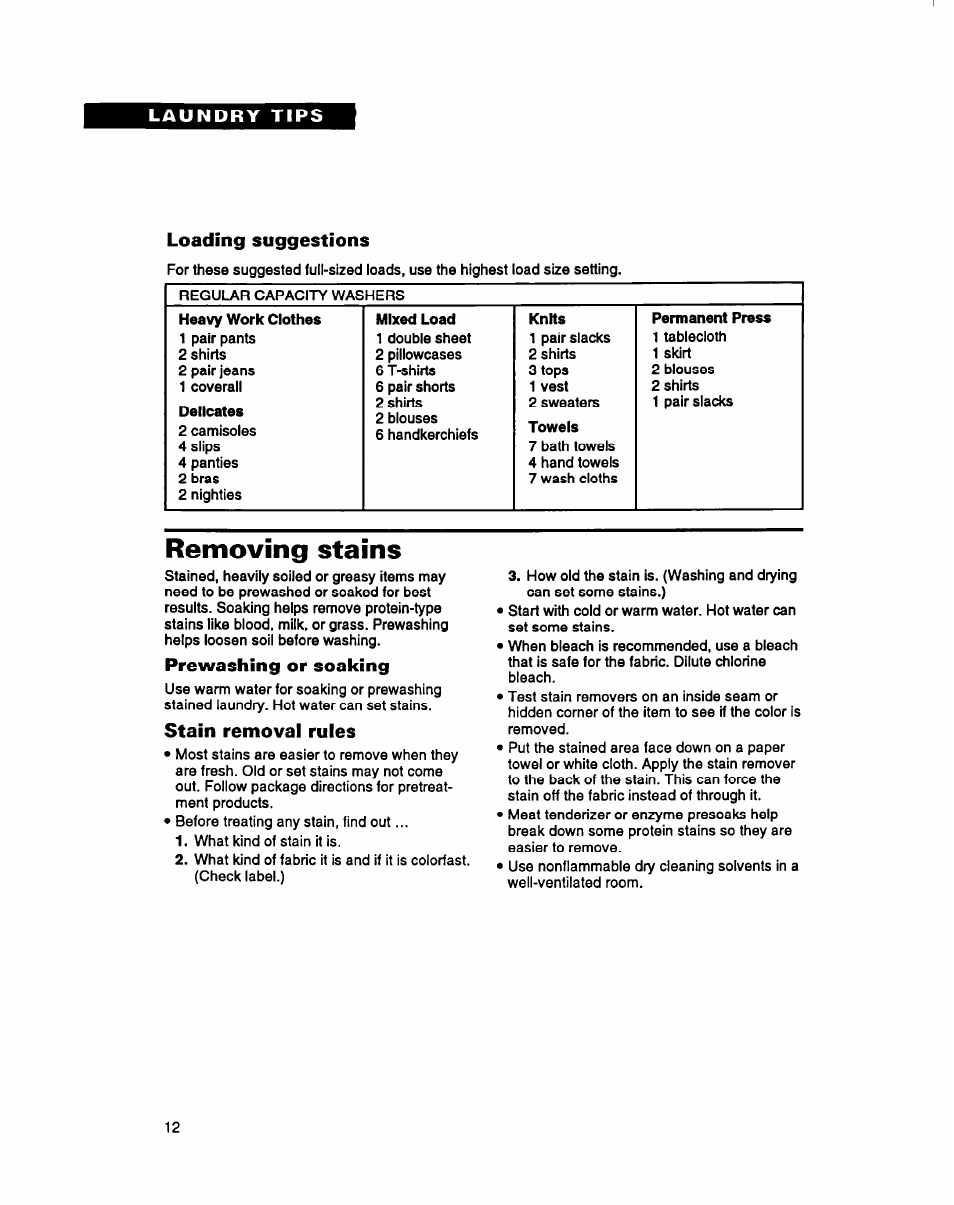 Removing stains, Prewashing or soaking, Stain removal rules | Loading suggestions | Whirlpool RAM5243A User Manual | Page 12 / 23