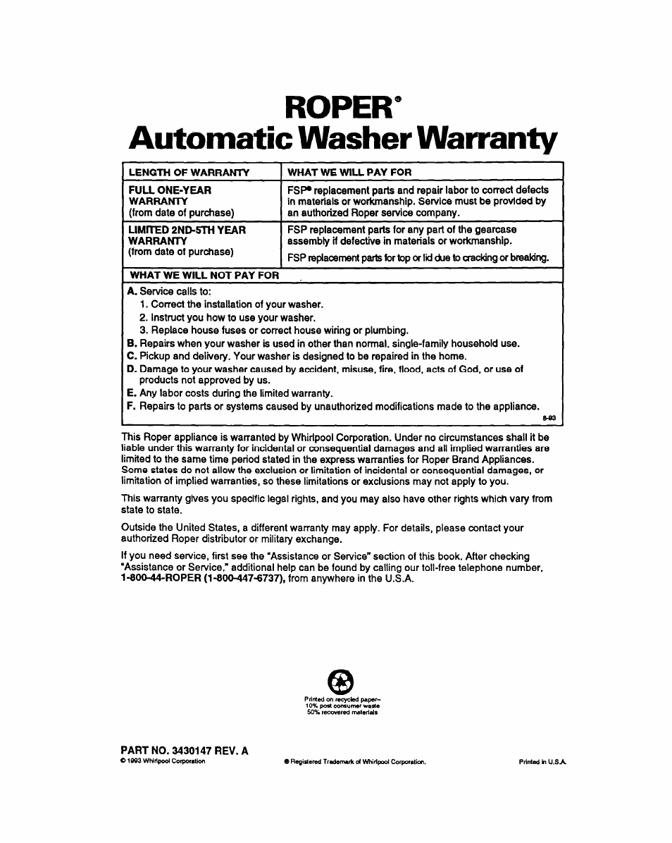 Roper, Automatic washer warranty, Roper’ automatic washer warranty | Whirlpool RAM5243A User Manual | Page 23 / 23