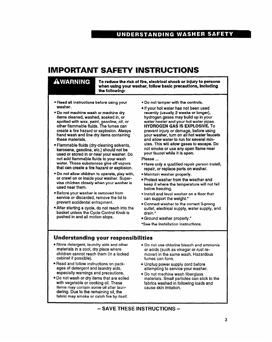 Understanding washer safety, Important safety instructions, Understanding your responsibilities | Save these instructions, Important safety instructions awarning | Whirlpool RAM5243A User Manual | Page 3 / 23