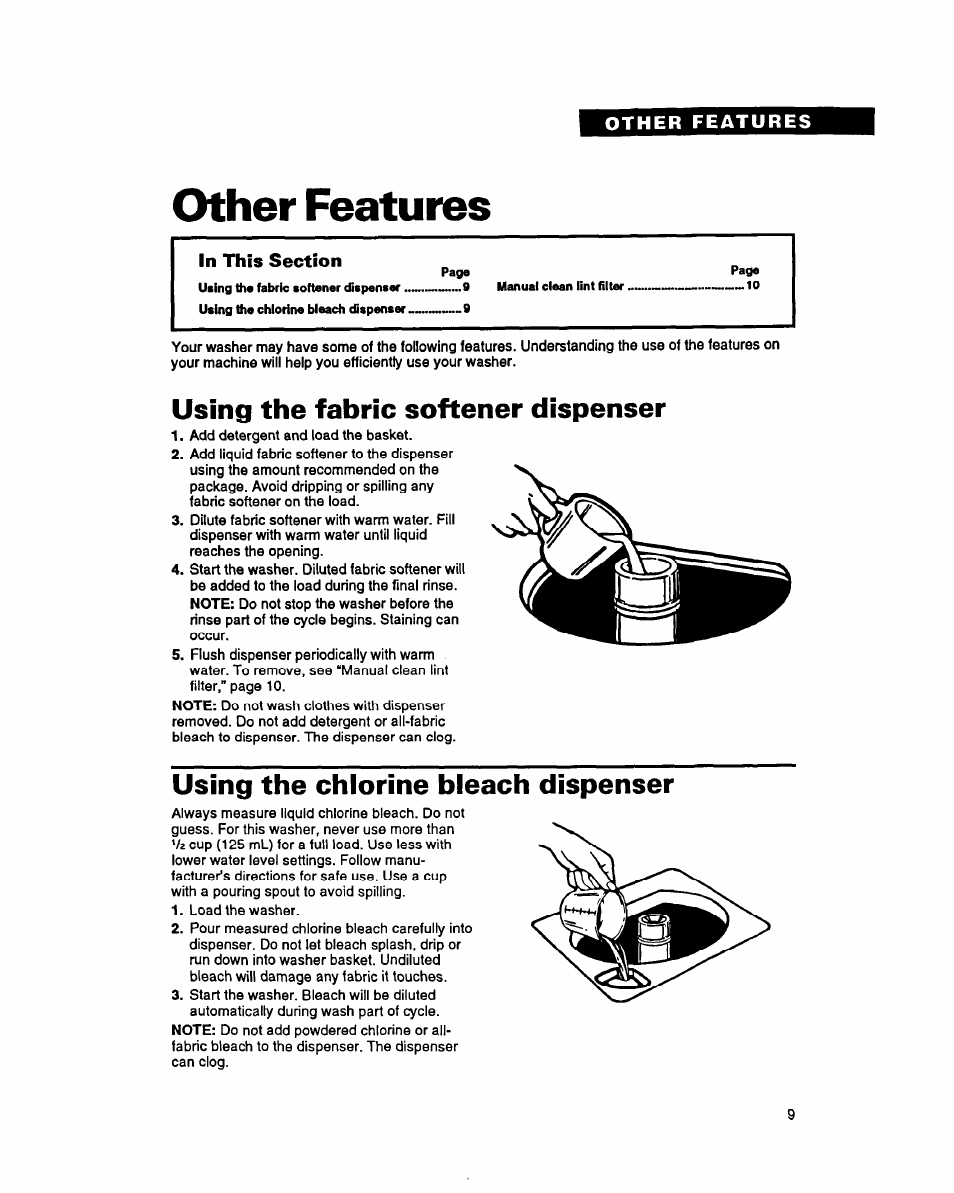 Other features, Using the fabric softener dispenser, Using the chlorine bleach dispenser | Whirlpool RAM5243A User Manual | Page 9 / 23