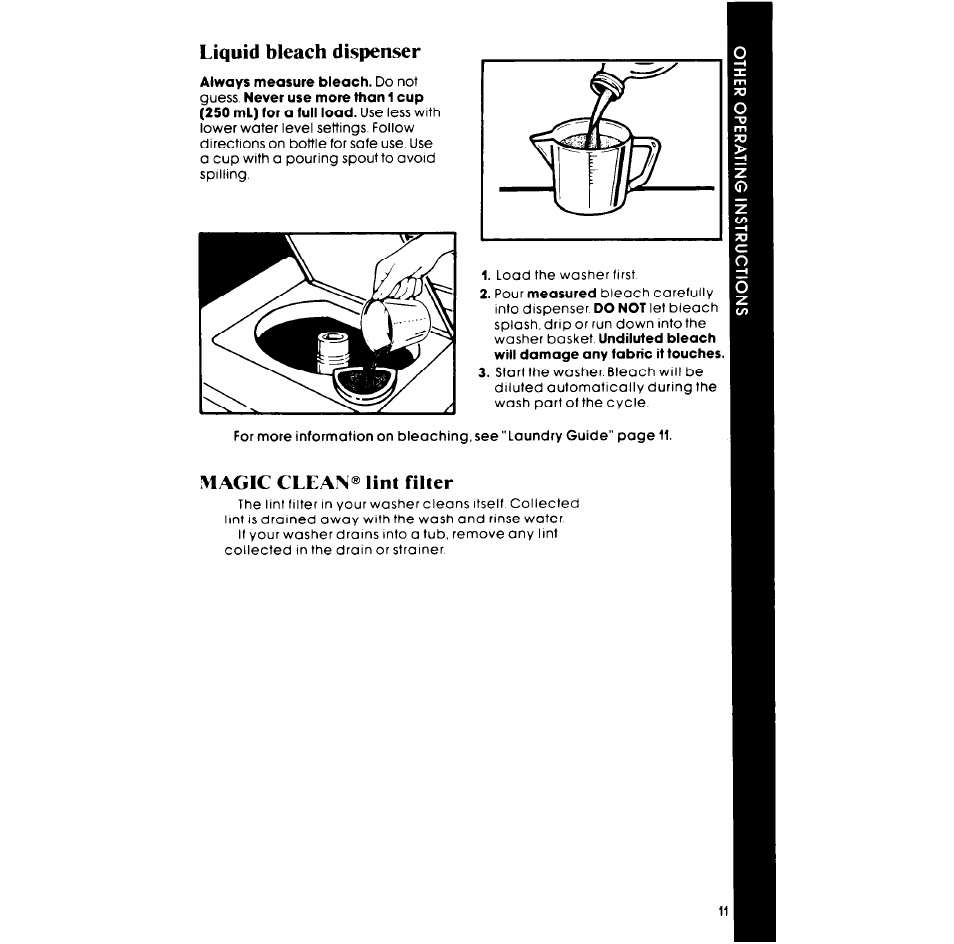 Liquid bleach dispenser, Magic clean® lint filter | Whirlpool LA5600XP User Manual | Page 11 / 16