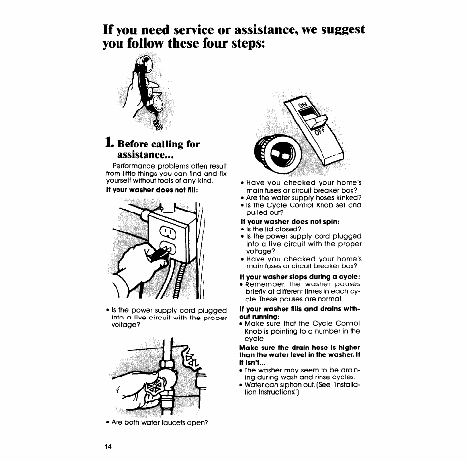 Before calling for assistance | Whirlpool LA5600XP User Manual | Page 14 / 16