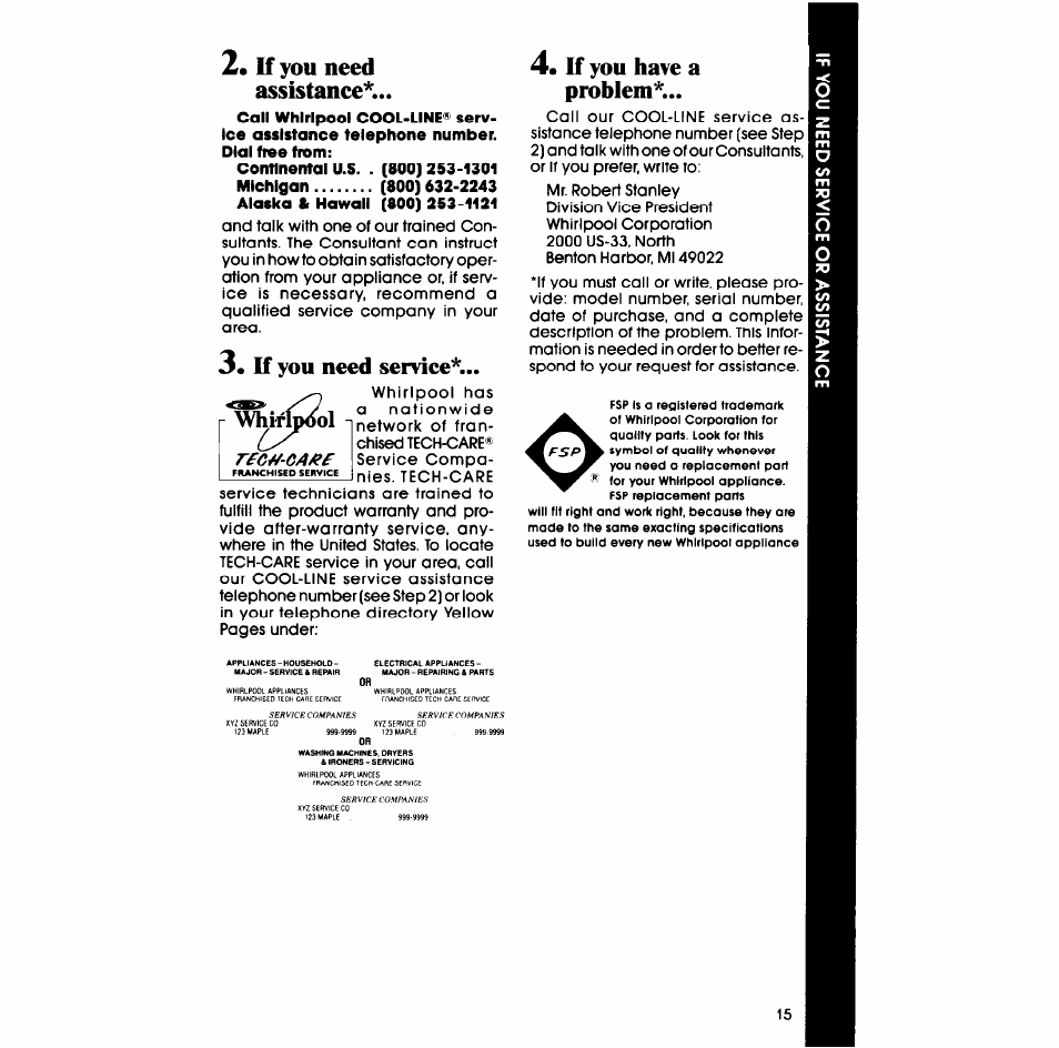 If you need assistance, If you need service, If you have a problem | Whirlpool LA5600XP User Manual | Page 15 / 16