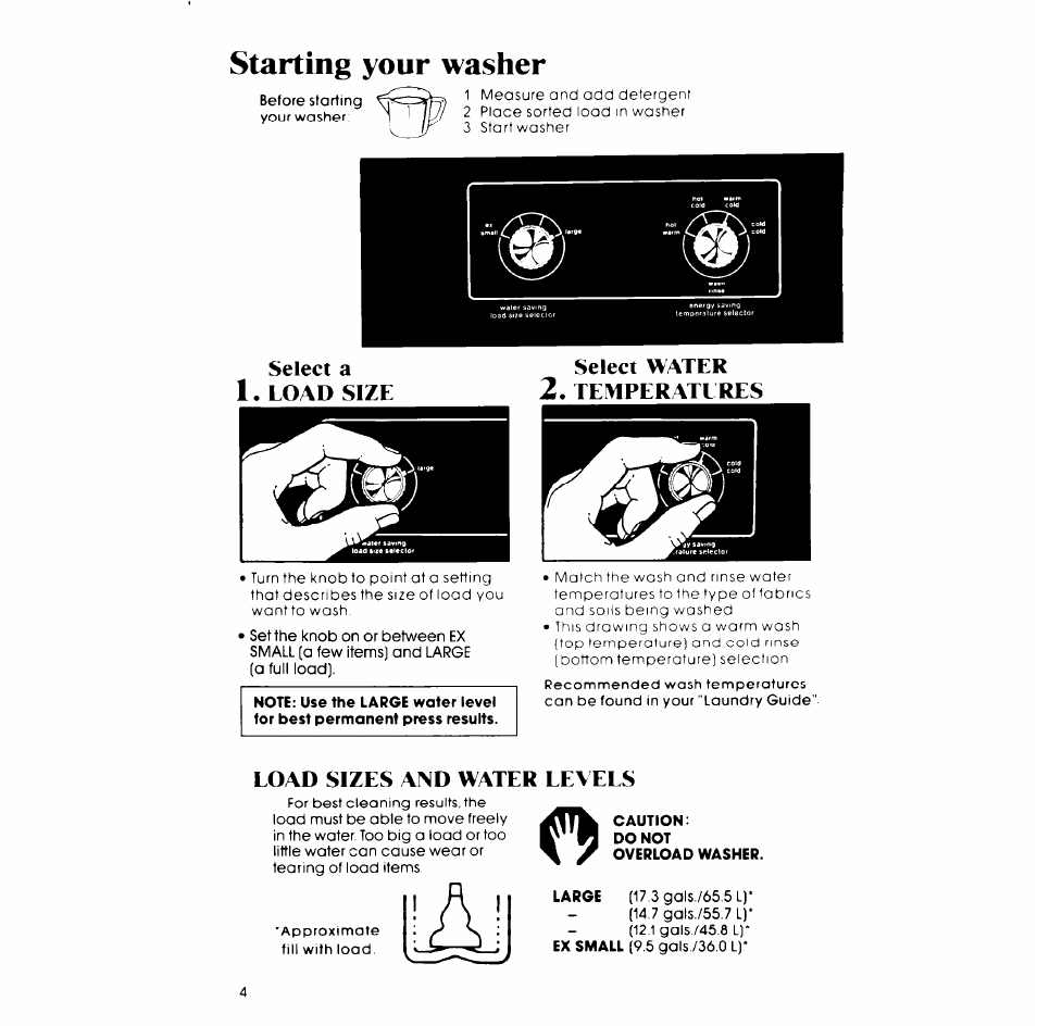 Starting your washer, Select a 1. load size, Select water | Temperate res, Load sizes and water levees | Whirlpool LA5600XP User Manual | Page 4 / 16