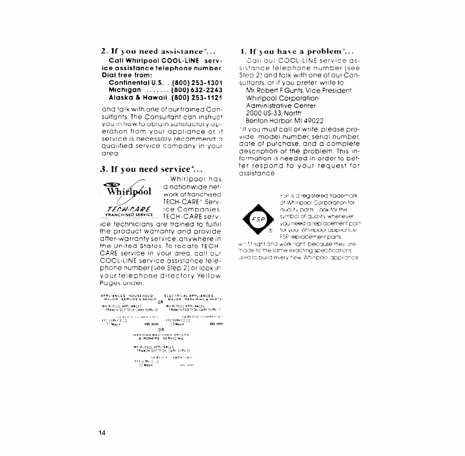 If you need assistance, If you need service, If you have a problem | Vhÿflp<^ol rfc^-ca^f, Оеямсе, 999s, Ranch, Stc tech care | Whirlpool LA7800XP User Manual | Page 14 / 16